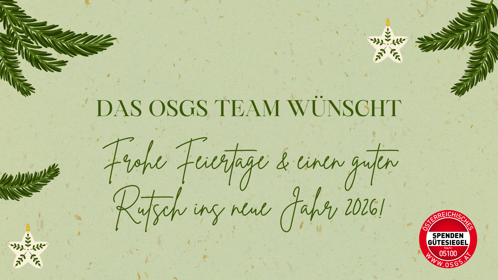 Grafik mit Text "Das OSGS Team wünscht Frohe Feiertage und einen guten Rutsch ins neue Jahr 2026!"